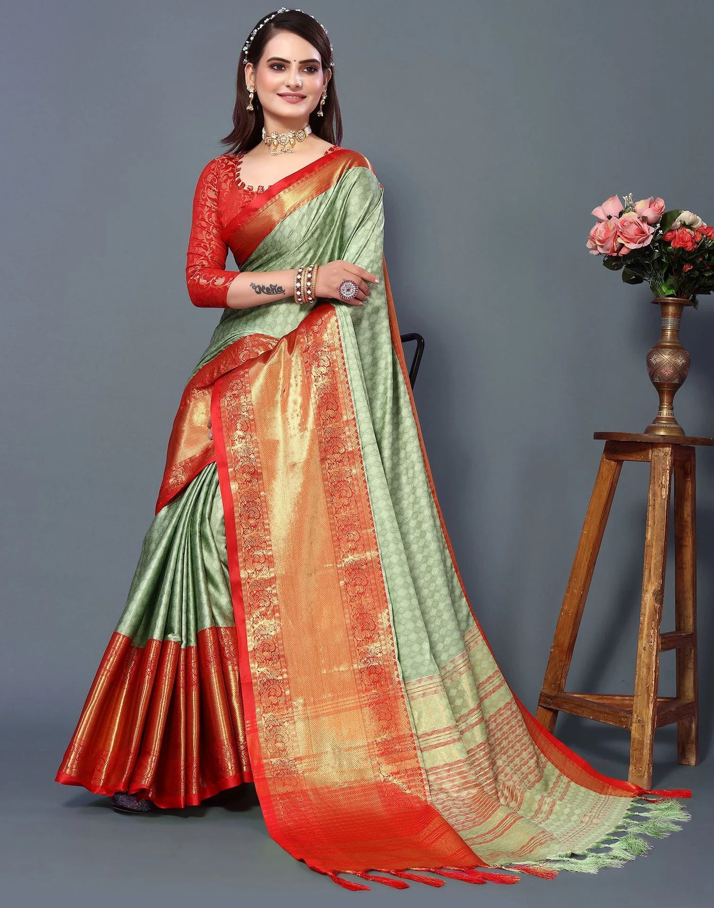 Pista Mist Silk Saree with Vermilion Red Heritage Zari Border