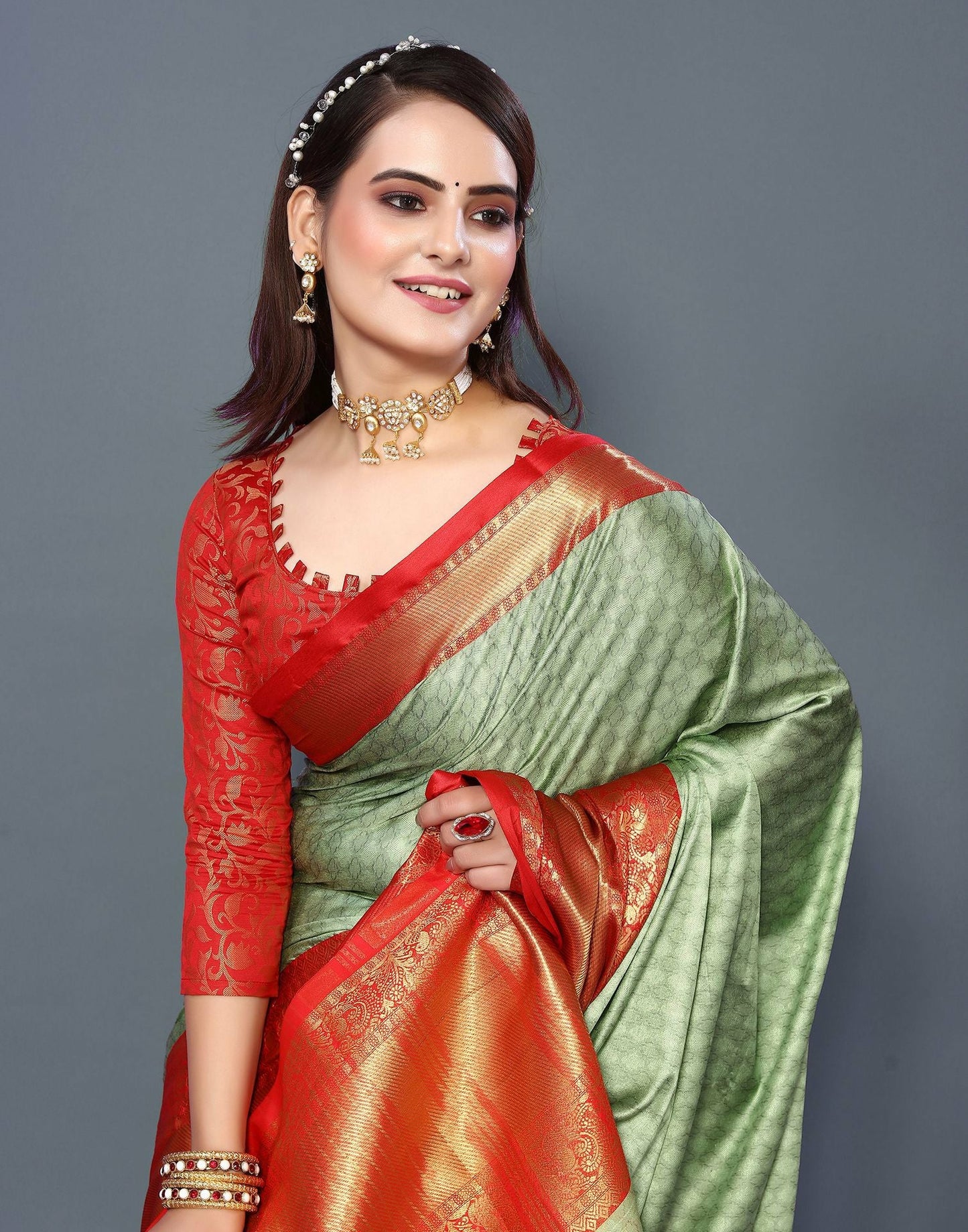 Pista Mist Silk Saree with Vermilion Red Heritage Zari Border