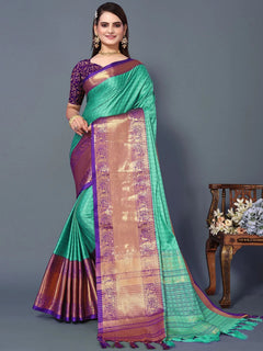 Mint Aura Silk Saree with Royal Purple Heritage Zari Border