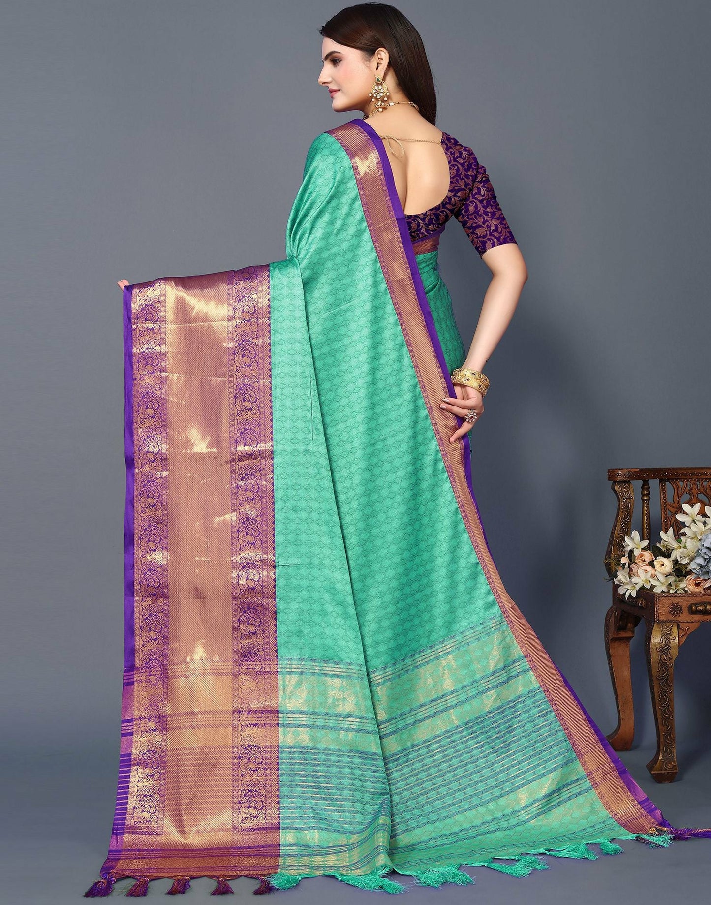 Mint Aura Silk Saree with Royal Purple Heritage Zari Border