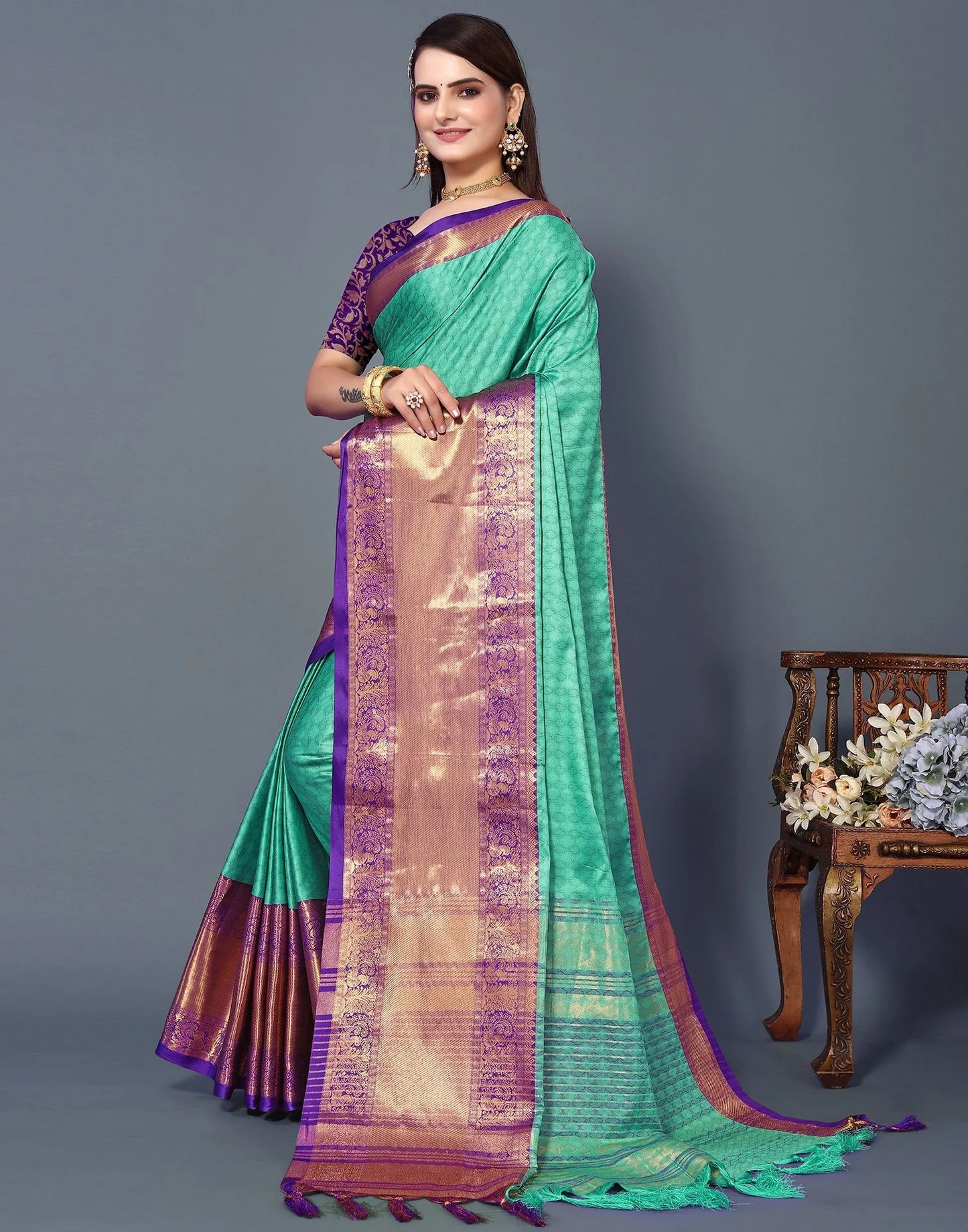 Mint Aura Silk Saree with Royal Purple Heritage Zari Border