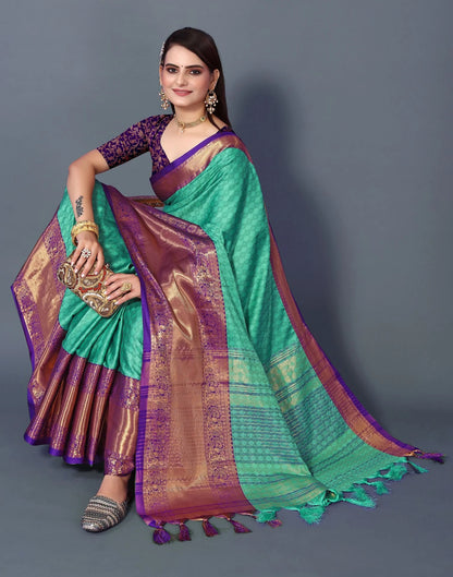 Mint Aura Silk Saree with Royal Purple Heritage Zari Border