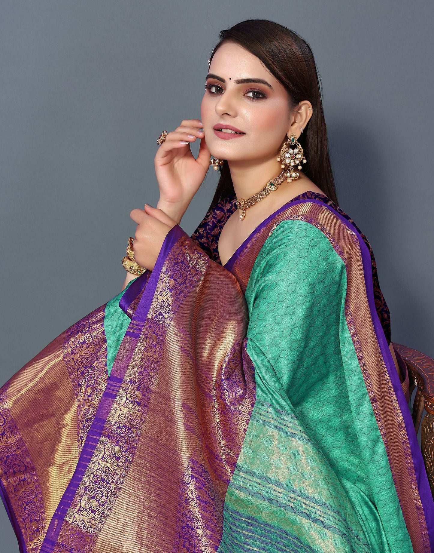Mint Aura Silk Saree with Royal Purple Heritage Zari Border