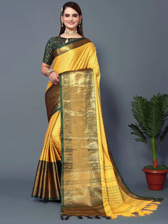 Golden Radiance Silk Saree with Emerald Heritage Zari Border