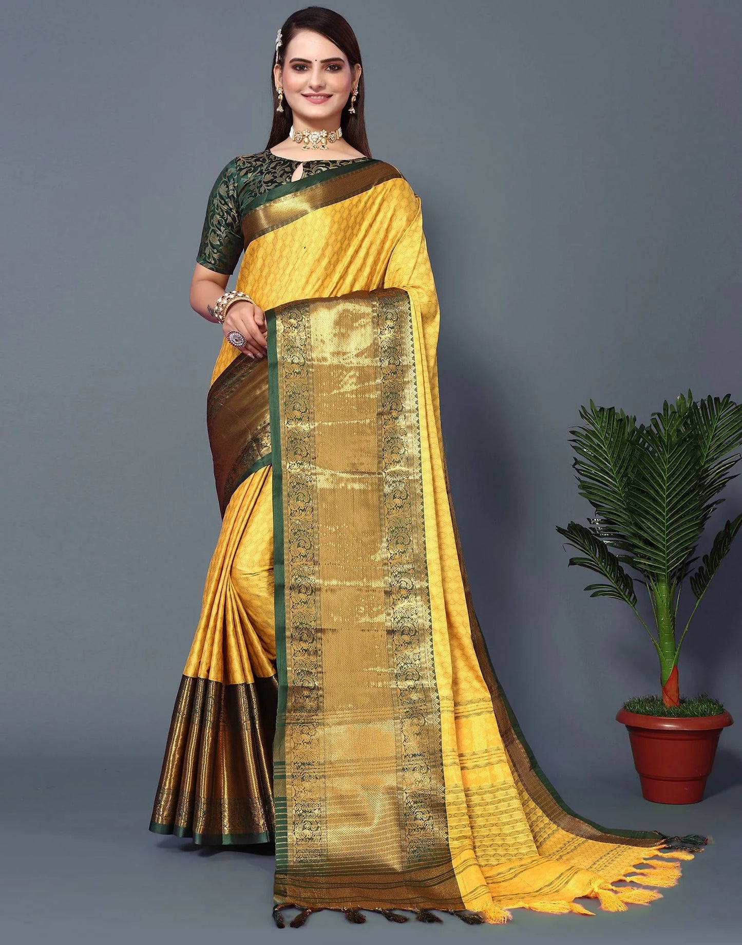 Golden Radiance Silk Saree with Emerald Heritage Zari Border