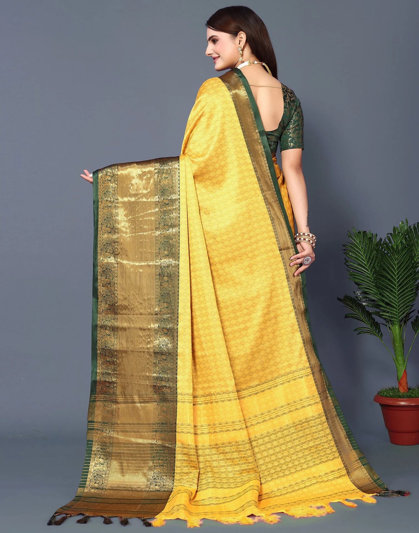 Golden Radiance Silk Saree with Emerald Heritage Zari Border