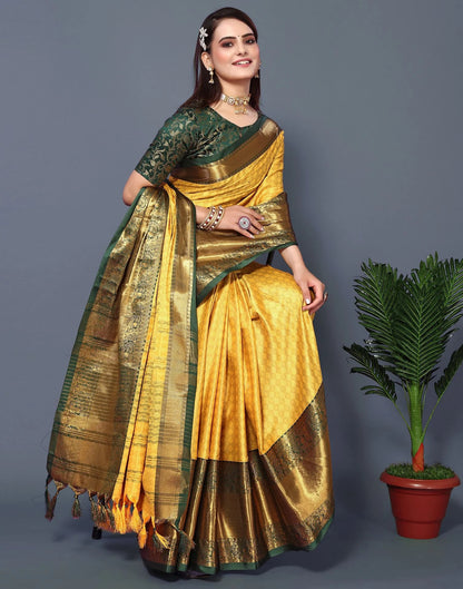 Golden Radiance Silk Saree with Emerald Heritage Zari Border