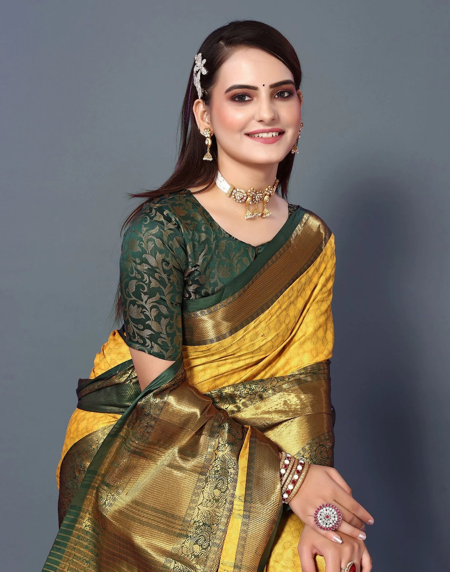 Golden Radiance Silk Saree with Emerald Heritage Zari Border