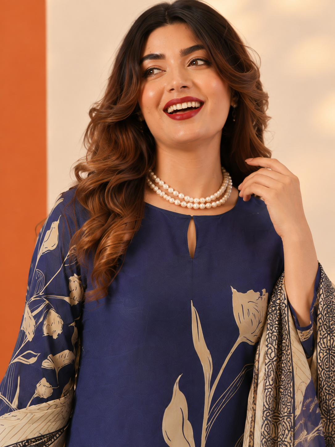 Navy Blue Floral Printed Silk Blend 3-Piece Suit Set with Dupatta