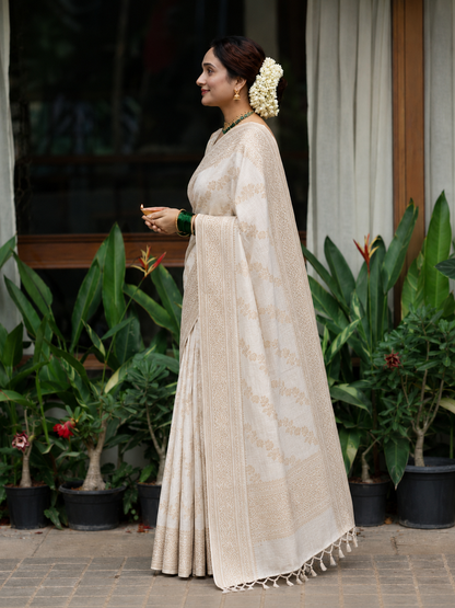 Ivory Woven Premium Silk Saree with Antique Gold Border | Onam Special Collection