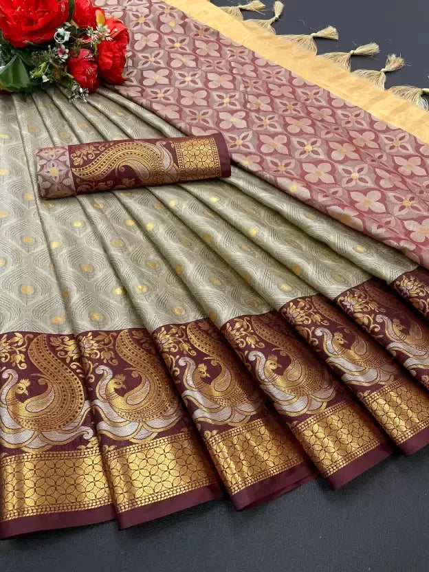 Chiku Beige Banarasi Silk Saree with Maroon Peacock Zari Border