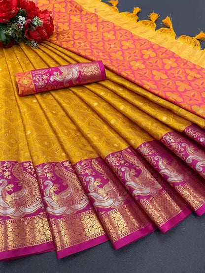 Mustard Gold Banarasi Silk Saree with Rani Pink Peacock Zari Border