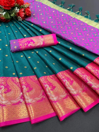 Peacock Green Banarasi Silk Saree with Rani Pink Peacock Zari Border