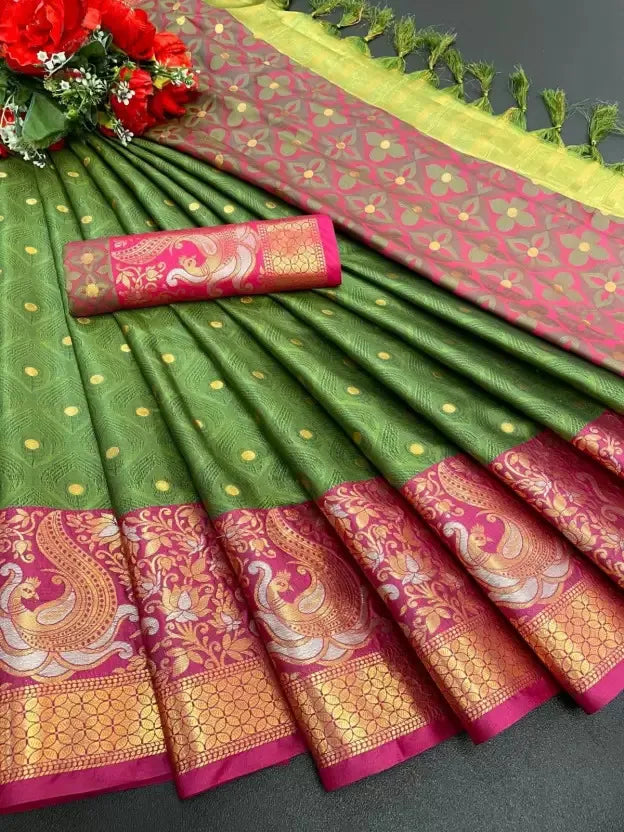 Mehendi Green Banarasi Silk Saree with Rani Pink Peacock Zari Border