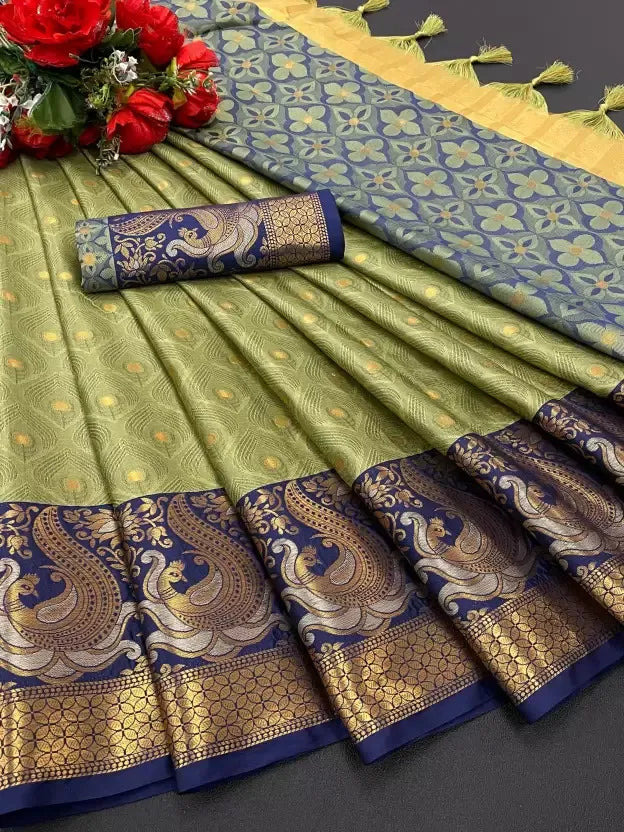 Olive Green Banarasi Silk Saree with Royal Blue Peacock Zari Border