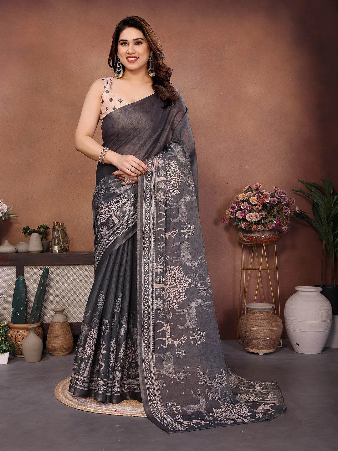 Charcoal Grey Erode Cotton Saree with Deer Forest Heritage Print