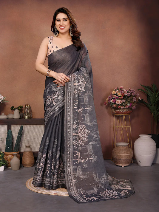 Charcoal Grey Erode Cotton Saree with Deer Forest Heritage Print