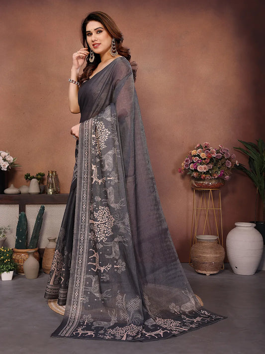 Charcoal Grey Erode Cotton Saree with Deer Forest Heritage Print