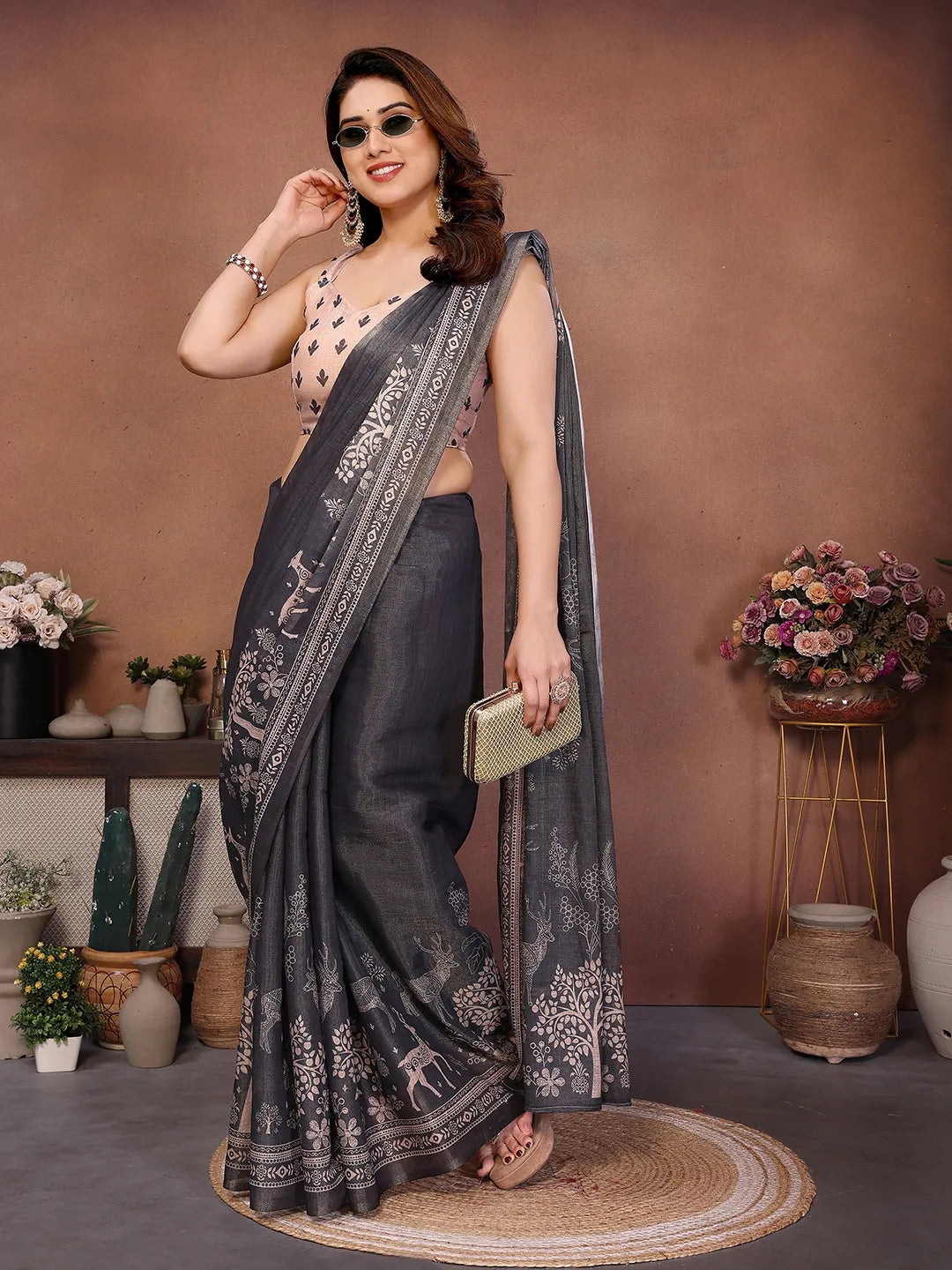 Charcoal Grey Erode Cotton Saree with Deer Forest Heritage Print