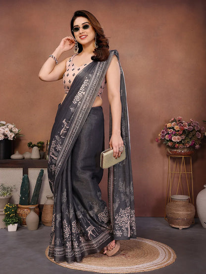 Charcoal Grey Erode Cotton Saree with Deer Forest Heritage Print