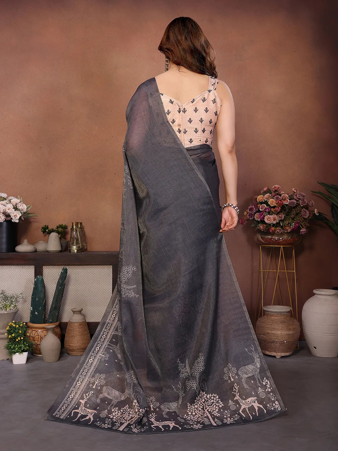 Charcoal Grey Erode Cotton Saree with Deer Forest Heritage Print