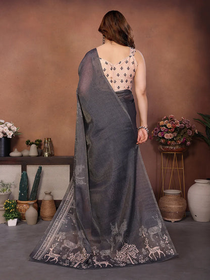 Charcoal Grey Erode Cotton Saree with Deer Forest Heritage Print