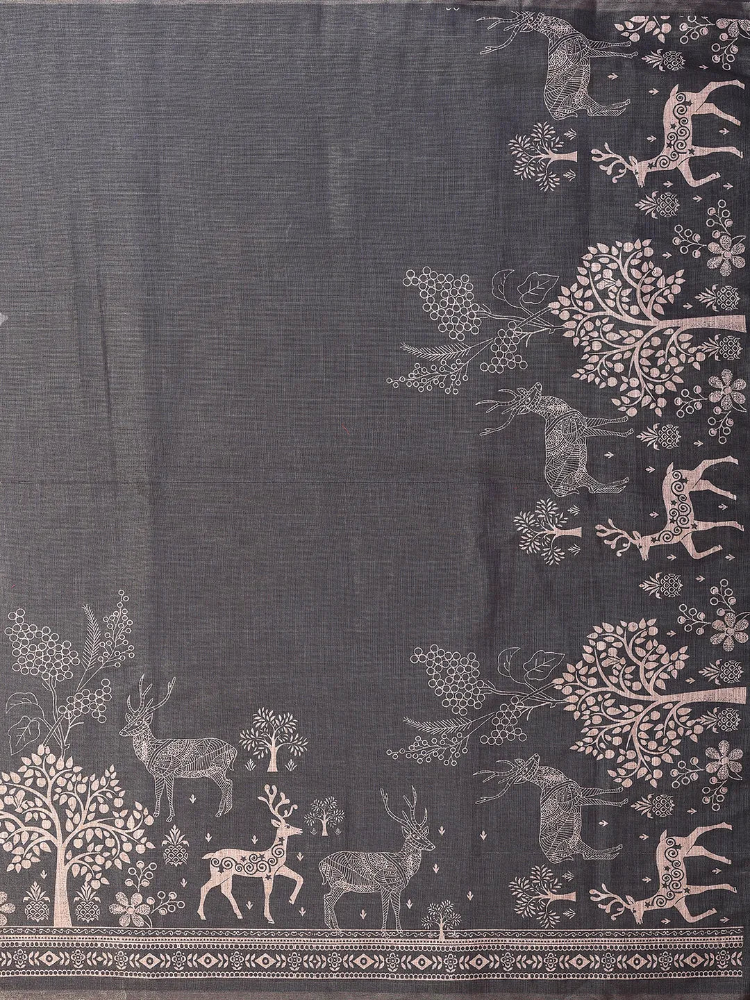 Charcoal Grey Erode Cotton Saree with Deer Forest Heritage Print