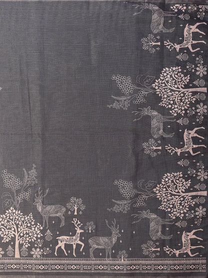 Charcoal Grey Erode Cotton Saree with Deer Forest Heritage Print