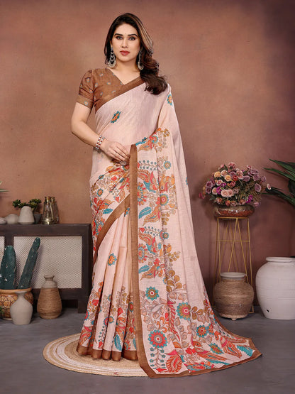 Pastel Floral Bird Erode Cotton Saree with Kalamkari Inspired Heritage Print