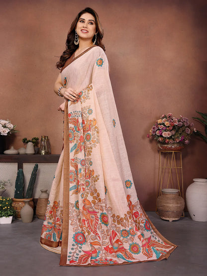 Pastel Floral Bird Erode Cotton Saree with Kalamkari Inspired Heritage Print