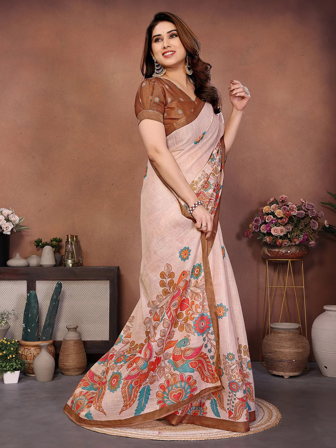 Pastel Floral Bird Erode Cotton Saree with Kalamkari Inspired Heritage Print