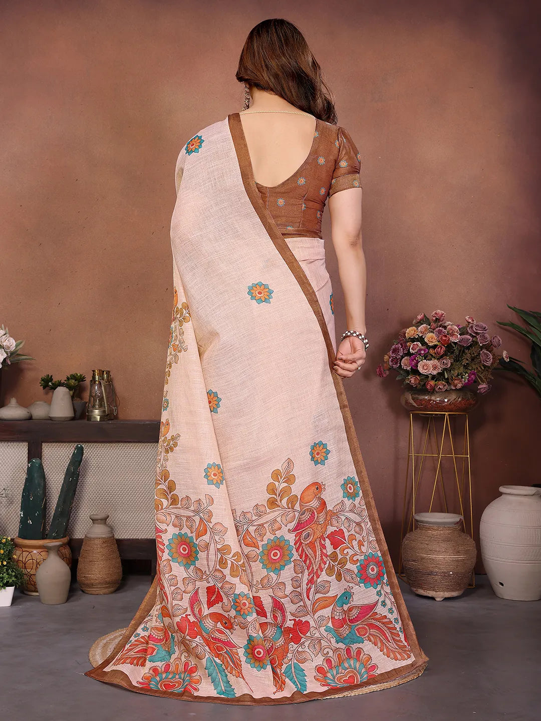 Pastel Floral Bird Erode Cotton Saree with Kalamkari Inspired Heritage Print