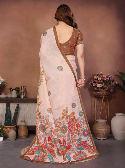 Pastel Floral Bird Erode Cotton Saree with Kalamkari Inspired Heritage Print