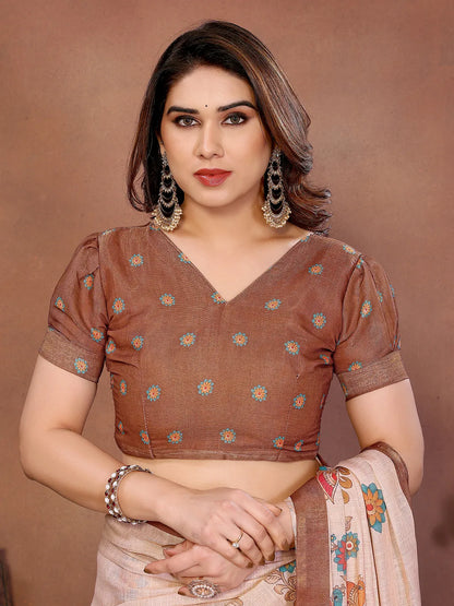 Pastel Floral Bird Erode Cotton Saree with Kalamkari Inspired Heritage Print