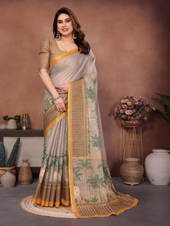 Rustic Village Heritage Erode Cotton Saree with Palm Tree & Folk Art Border