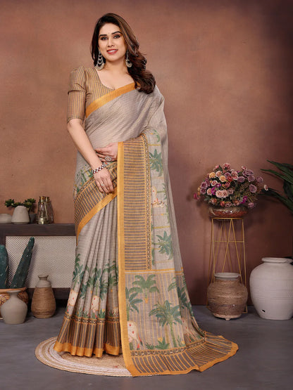 Rustic Village Heritage Erode Cotton Saree with Palm Tree & Folk Art Border