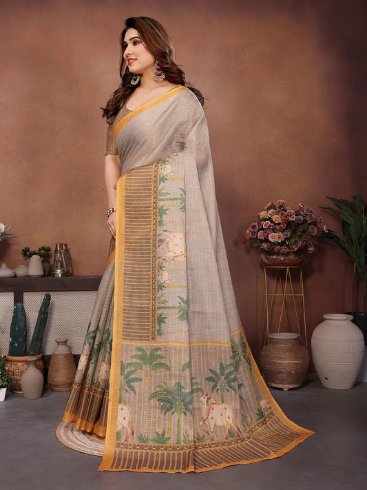 Rustic Village Heritage Erode Cotton Saree with Palm Tree & Folk Art Border