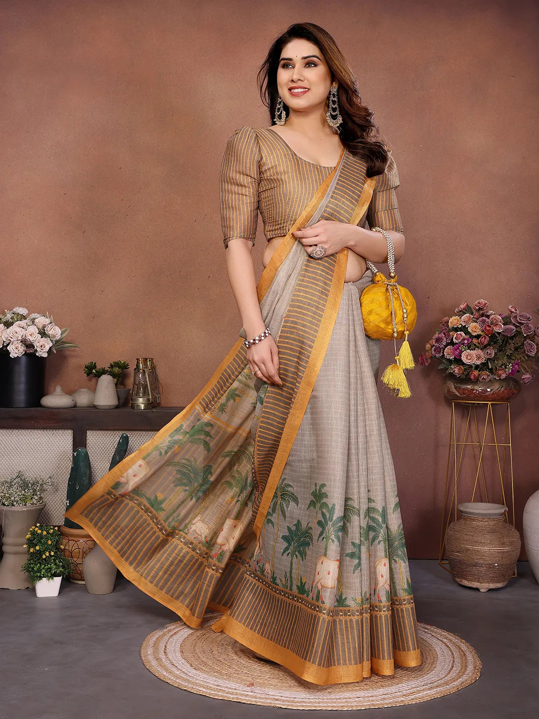 Rustic Village Heritage Erode Cotton Saree with Palm Tree & Folk Art Border
