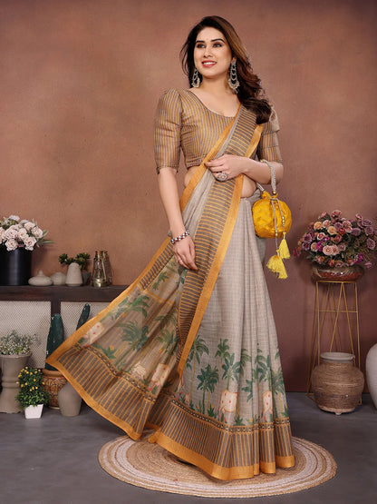 Rustic Village Heritage Erode Cotton Saree with Palm Tree & Folk Art Border