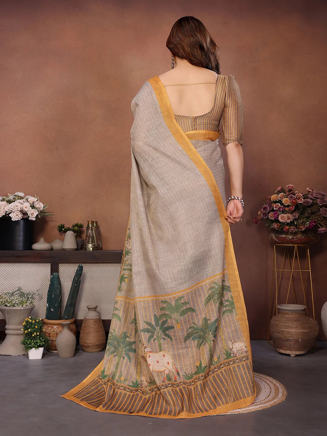Rustic Village Heritage Erode Cotton Saree with Palm Tree & Folk Art Border
