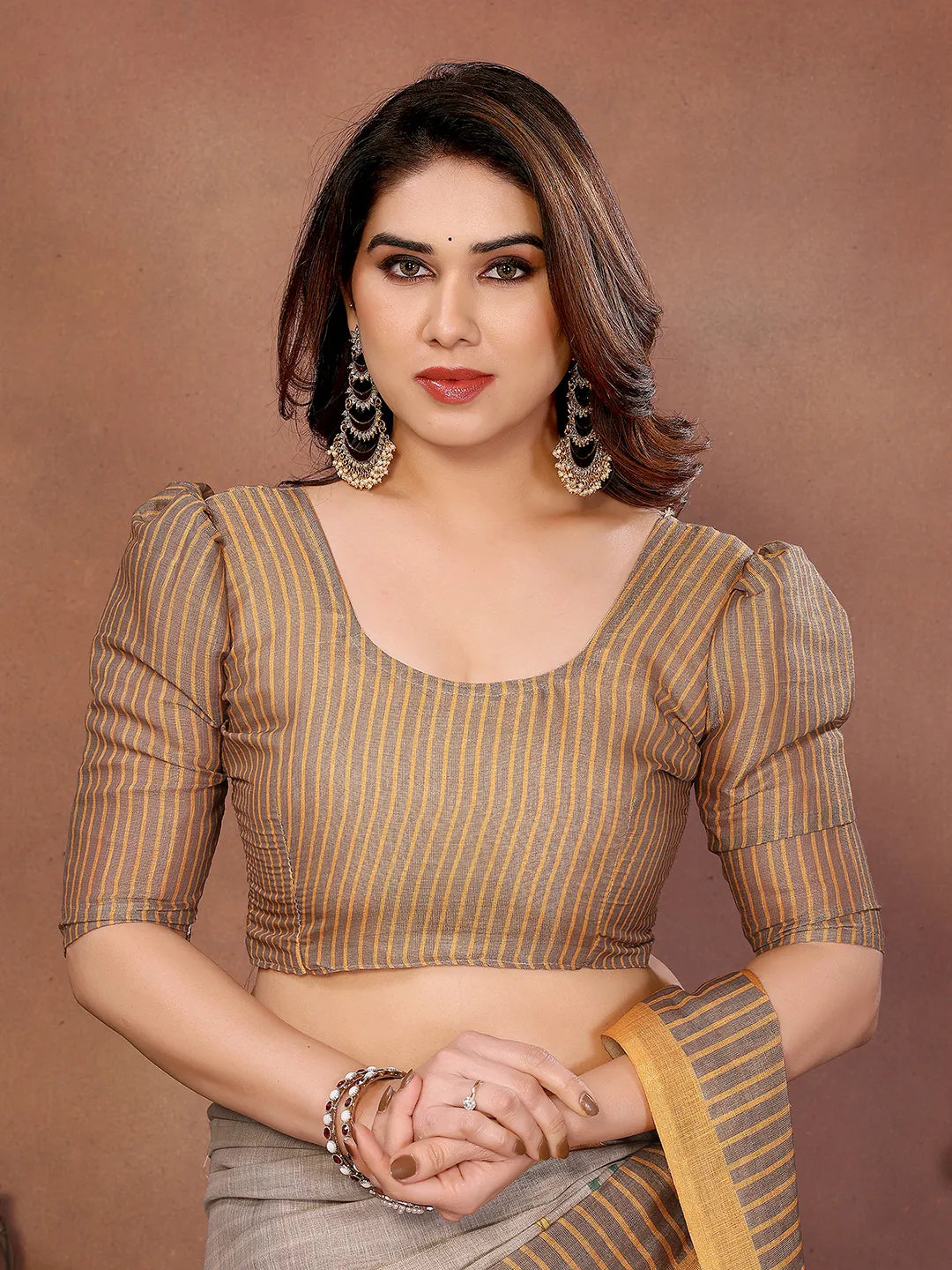 Rustic Village Heritage Erode Cotton Saree with Palm Tree & Folk Art Border