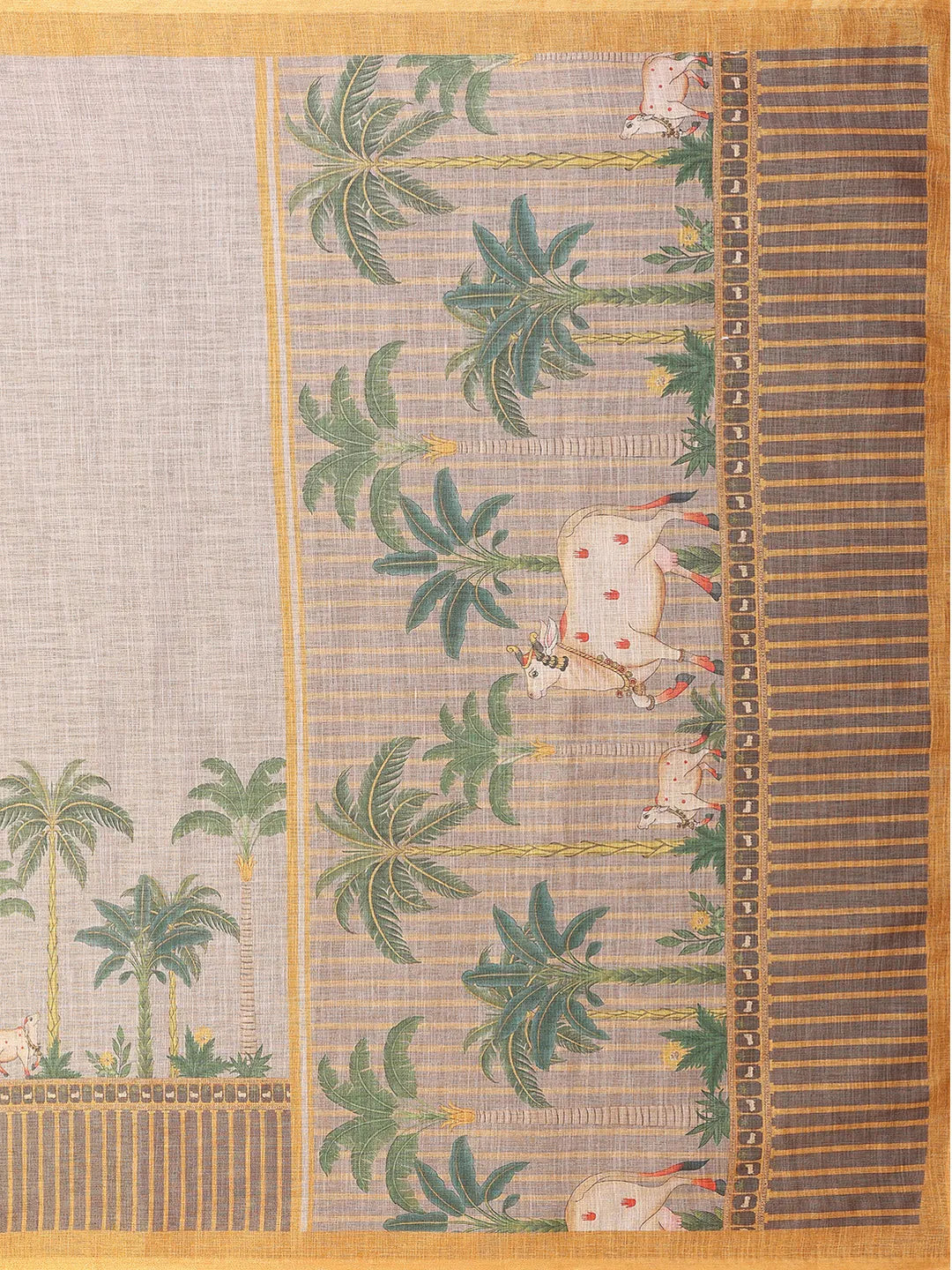 Rustic Village Heritage Erode Cotton Saree with Palm Tree & Folk Art Border