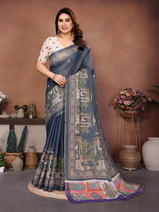Royal Peacock Garden Erode Cotton Saree with Heritage Courtyard & Peacock Palace Print