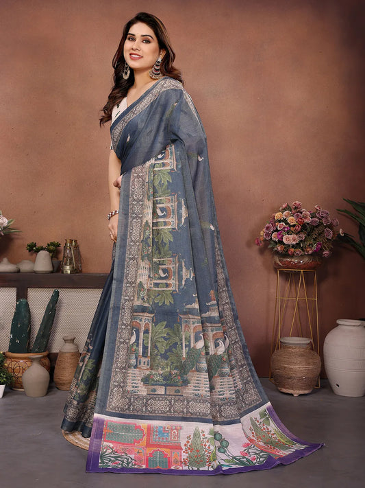 Royal Peacock Garden Erode Cotton Saree with Heritage Courtyard & Peacock Palace Print