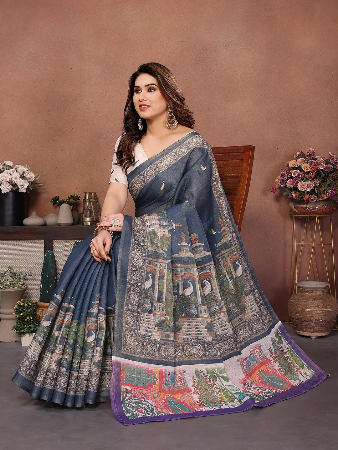 Royal Peacock Garden Erode Cotton Saree with Heritage Courtyard & Peacock Palace Print