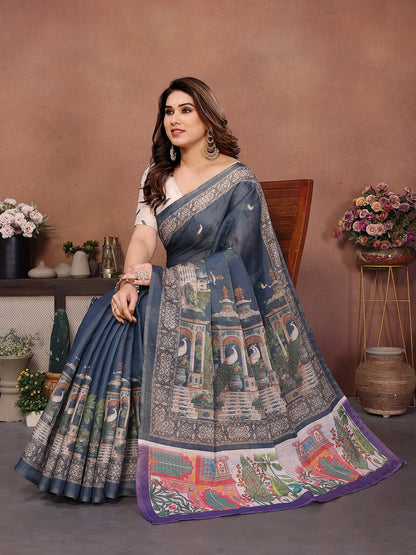 Royal Peacock Garden Erode Cotton Saree with Heritage Courtyard & Peacock Palace Print