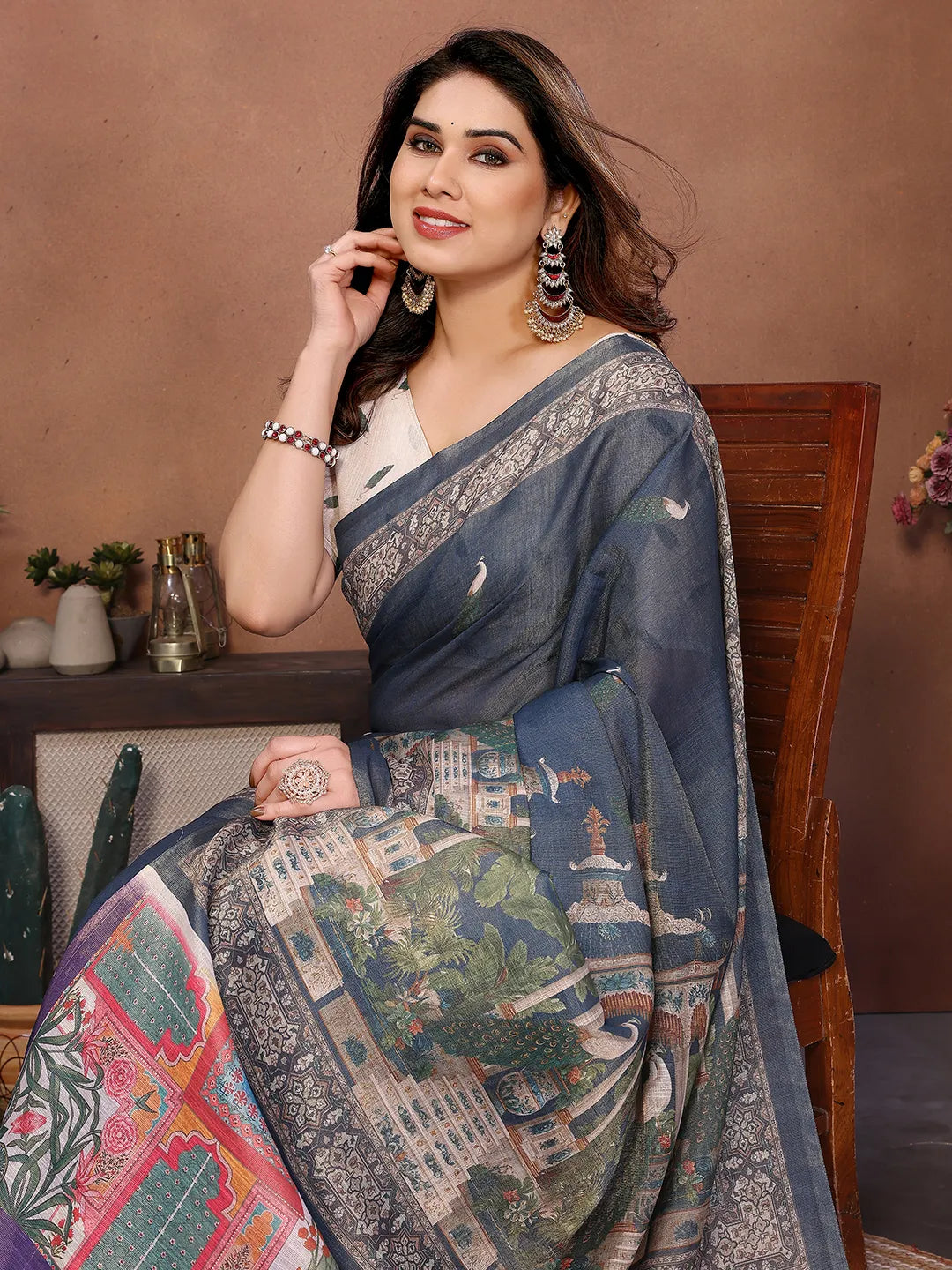 Royal Peacock Garden Erode Cotton Saree with Heritage Courtyard & Peacock Palace Print