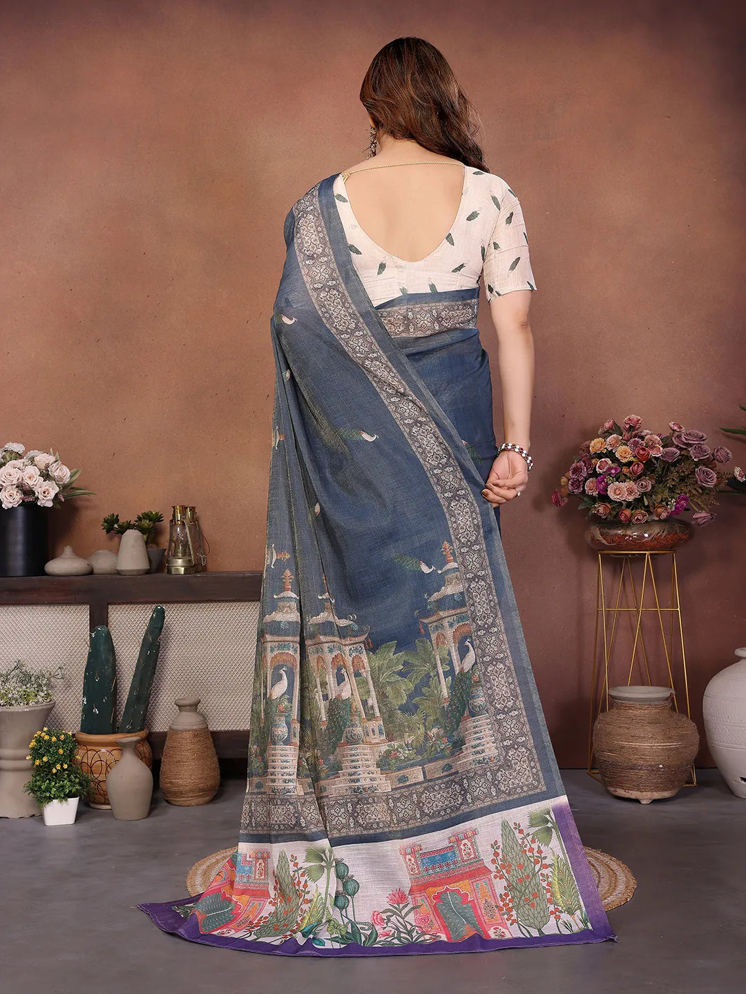 Royal Peacock Garden Erode Cotton Saree with Heritage Courtyard & Peacock Palace Print