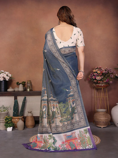 Royal Peacock Garden Erode Cotton Saree with Heritage Courtyard & Peacock Palace Print