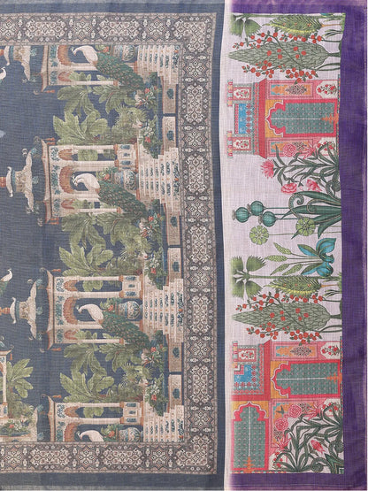 Royal Peacock Garden Erode Cotton Saree with Heritage Courtyard & Peacock Palace Print